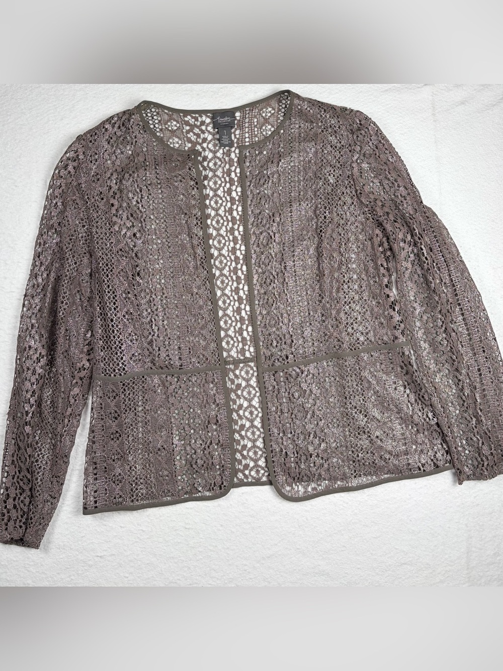 Traveler's Collectionβ by Chico's Open Crochet Cardigan in Mauve Gray